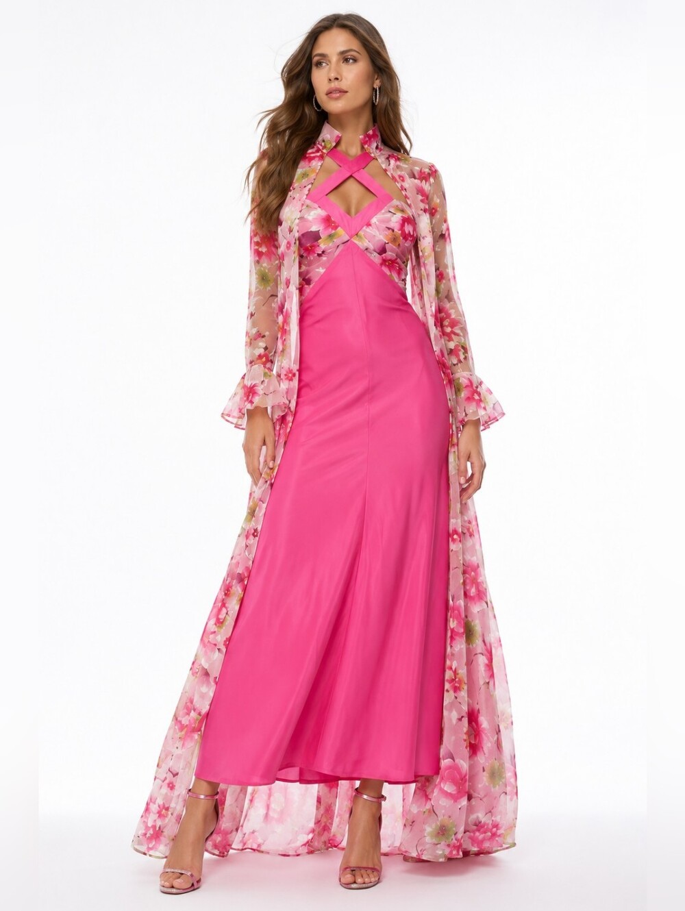 Vintage Pink Floral Maxi Dress & Sheer Duster Set XS